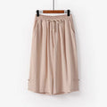 Wide leg linen leisure shorts in apricot colour with elastic waistband