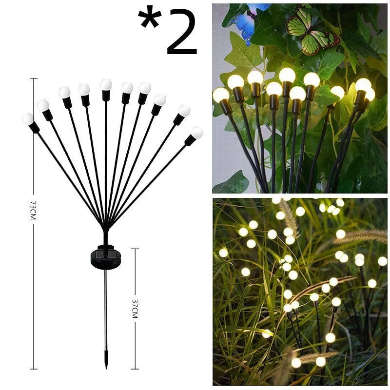 Solar-powered LED firefly garden light with multiple heads and a ground stake.
