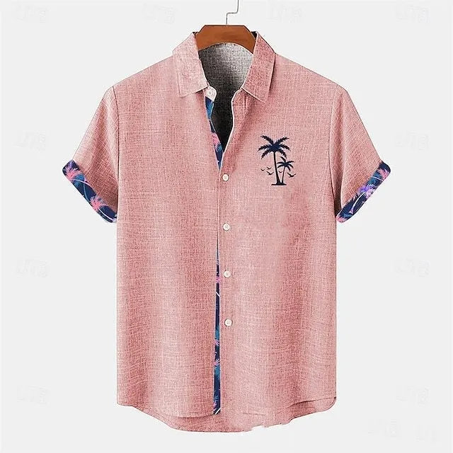 Linen short sleeve casual shirt with ocean fish pattern on lapel, loose fit for teenagers