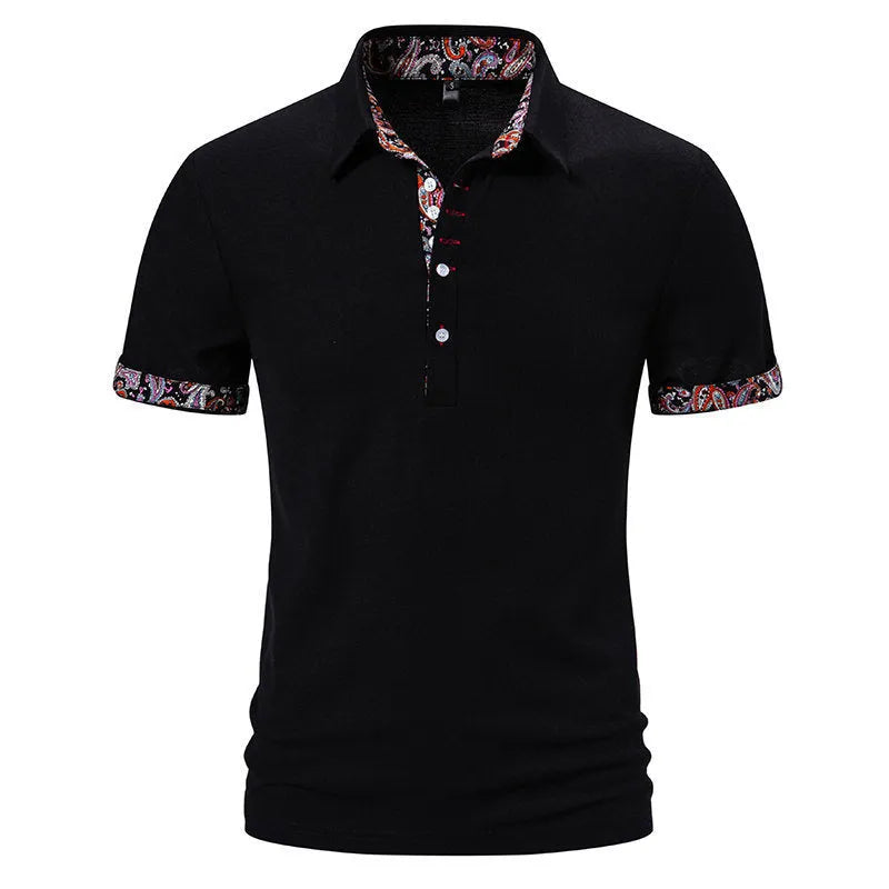Men's cotton blend polo shirt in black with colour stitching detail and a turnover collar.