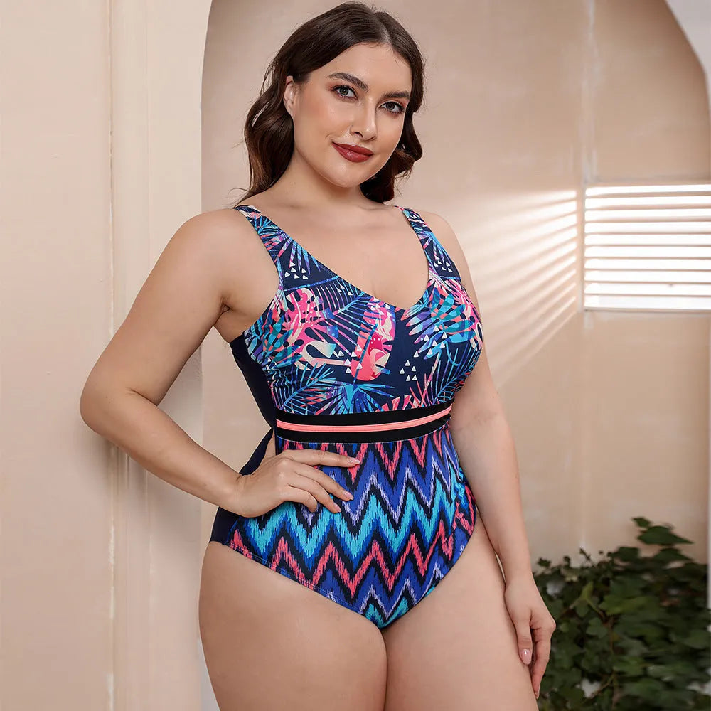 Women's striped printed vest design one-piece swimsuit with spaghetti straps on hanger