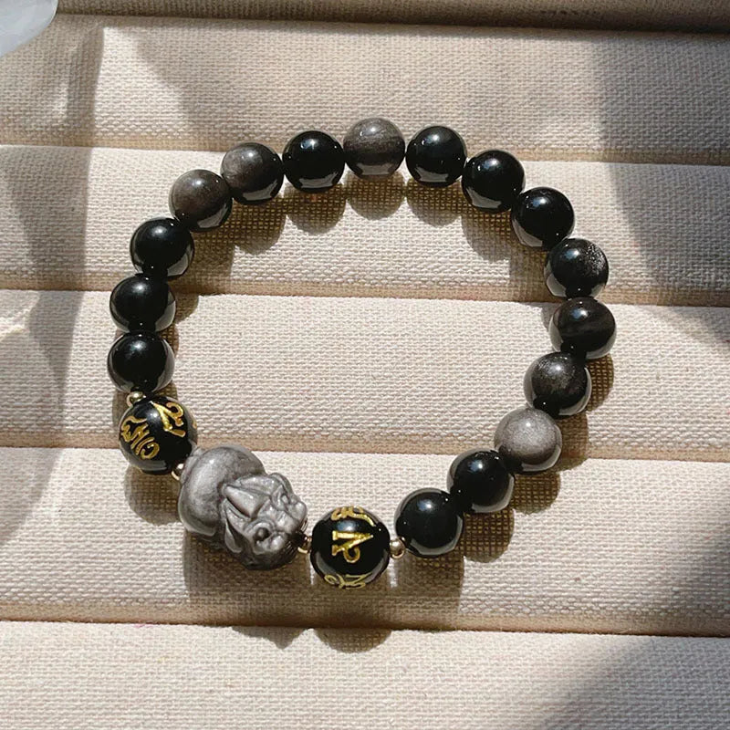 Natural silver stone men's bracelet with zodiac symbols and proverb beads