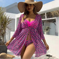 Women's striped three-piece swimsuit with mesh jacket in blue, polyester fabric, sizes S to XL