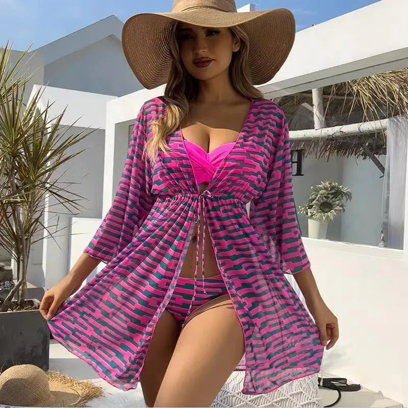 Women's striped three-piece swimsuit with mesh jacket in blue, polyester fabric, sizes S to XL
