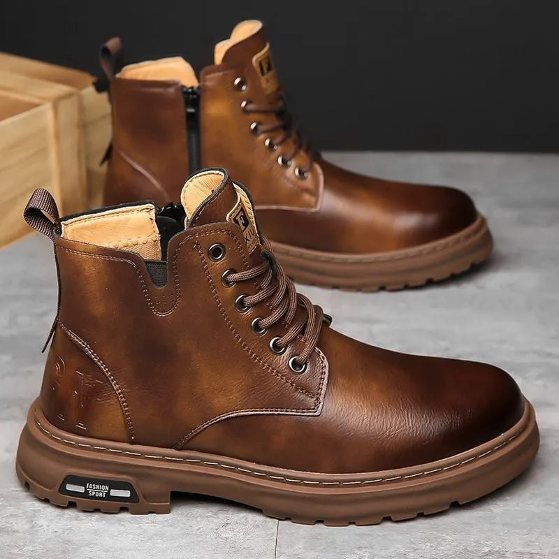 Men's black Martin lace-up boots with thick rubber sole and round toe on a neutral background.