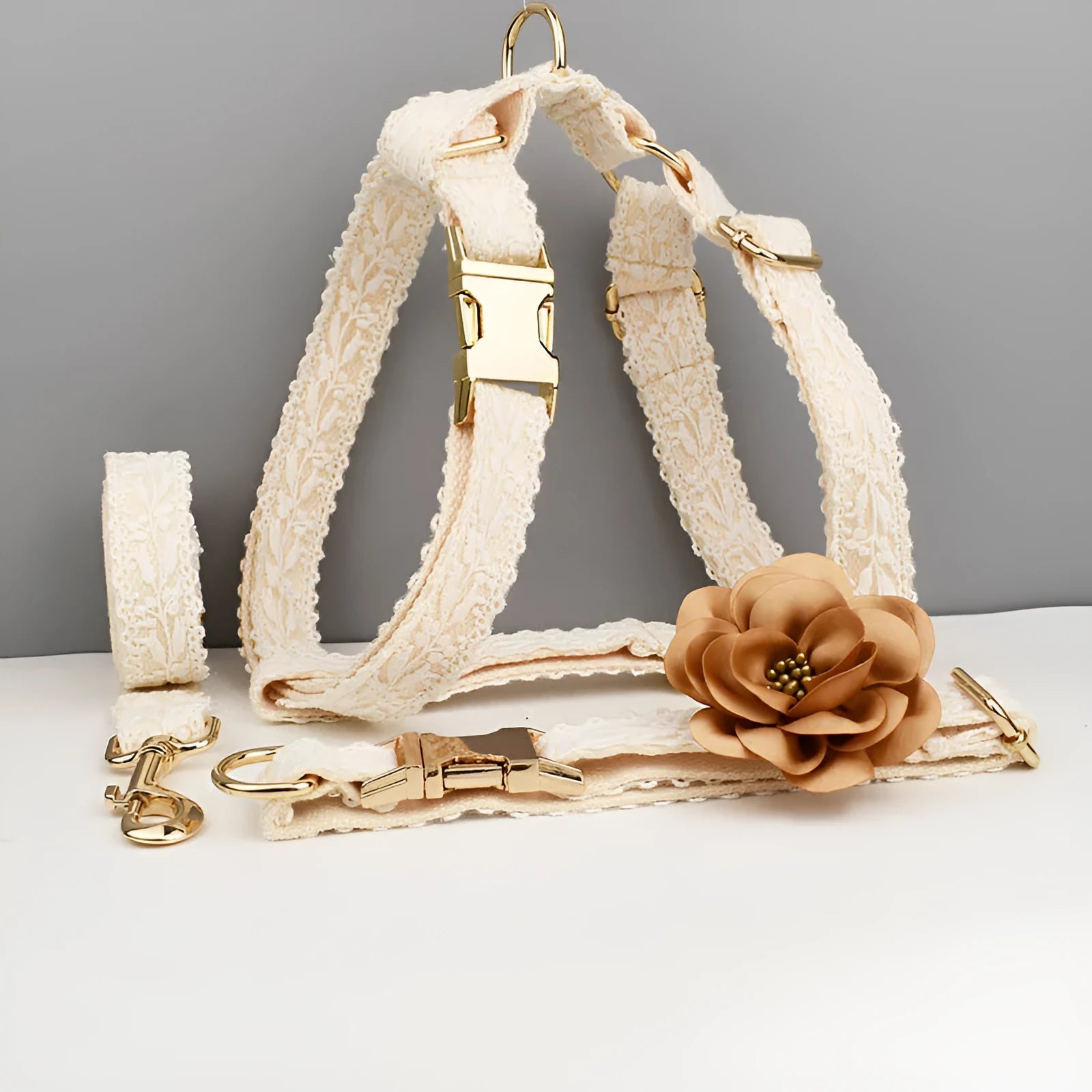White pet wedding vest collar with lace leaf decoration and matching leash set with flower accessory