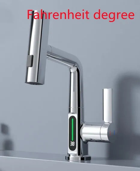 Pull-out kitchen faucet with LED temperature display showing water temperature