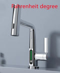 Pull-out kitchen faucet with LED temperature display showing water temperature