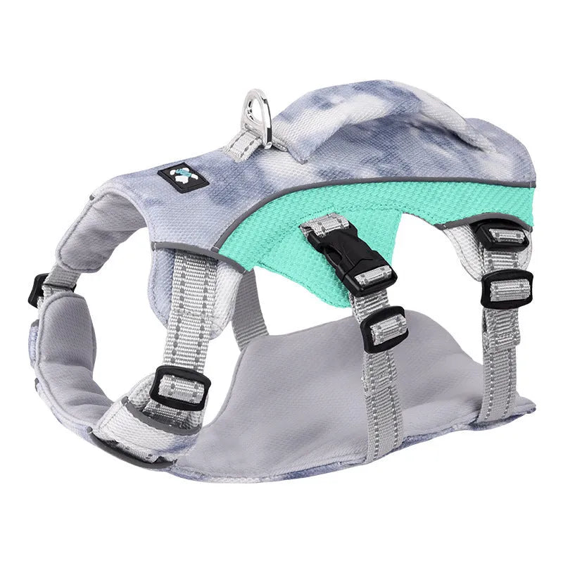 Reflective light blue pet cooling chest strap fastened around a dog's torso.