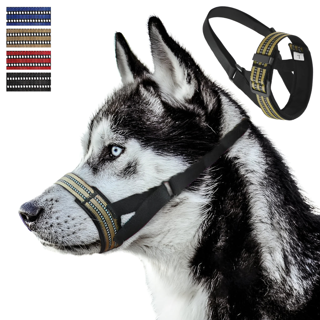Adjustable reflective dog muzzle in blue, shown on a large dog model, with straps and nose-guard visible.