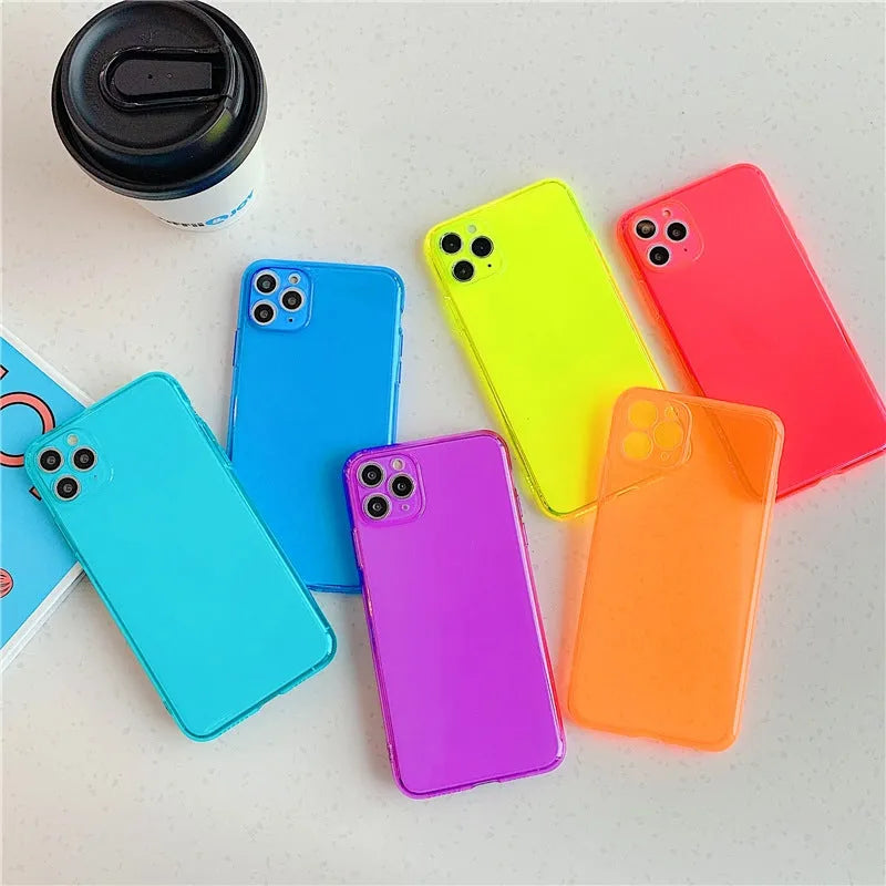 Transparent fluorescent TPU phone case in orange for iPhone 15 Pro Max showing slim back cover design
