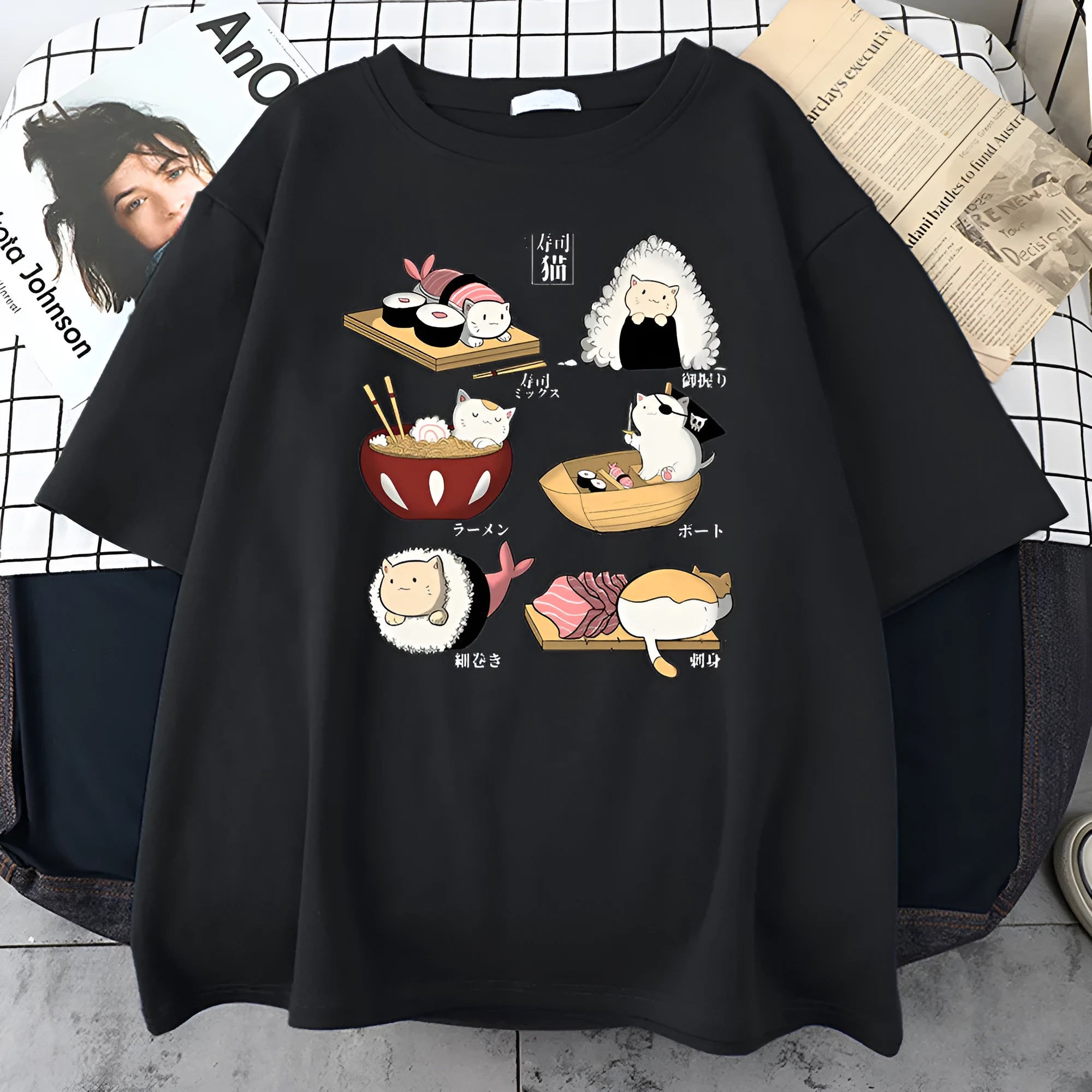 Men's cotton t-shirt with cat sushi cartoon print in multiple colour options