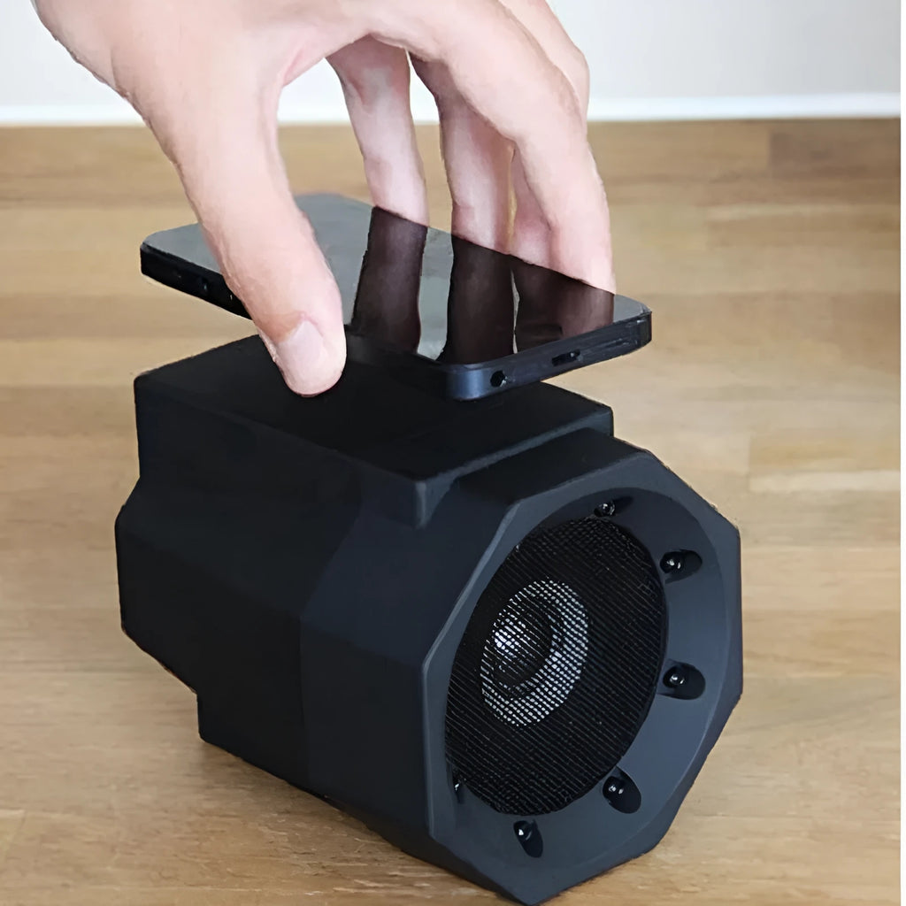 Smart magnetic induction resonance speaker in black, 15.5x12.5x11 cm, with USB interface and resonance induction connection
