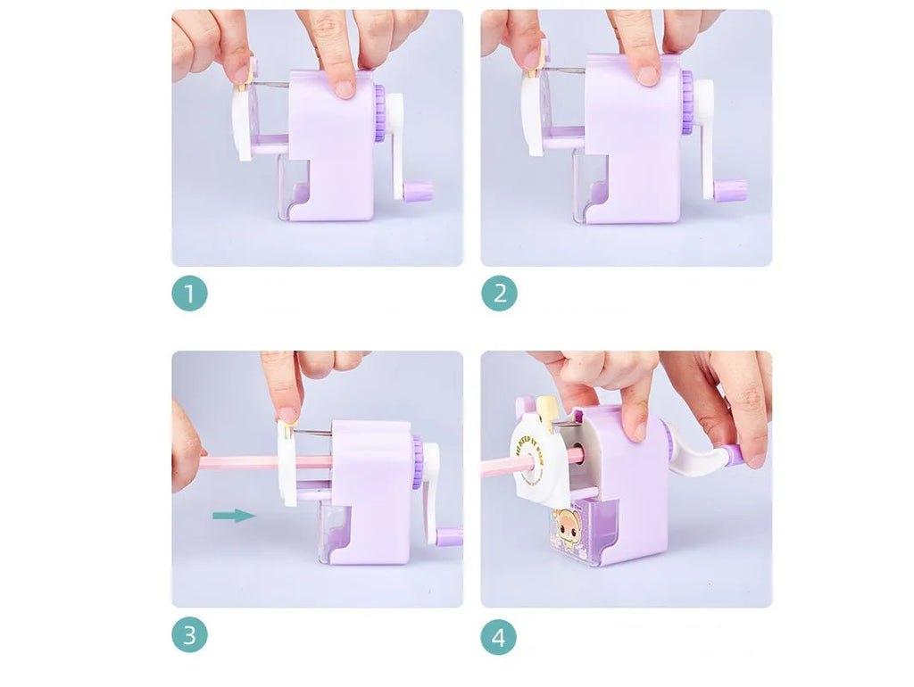 Cartoon cute pet geometric plastic manual pencil sharpener in blue, green, pink, or purple colour options.