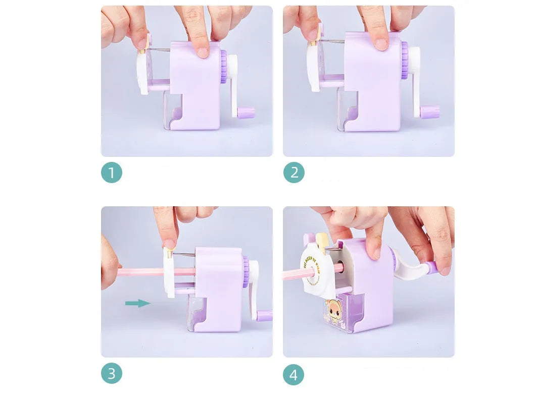 Cartoon cute pet geometric plastic manual pencil sharpener in blue, green, pink, or purple colour options.