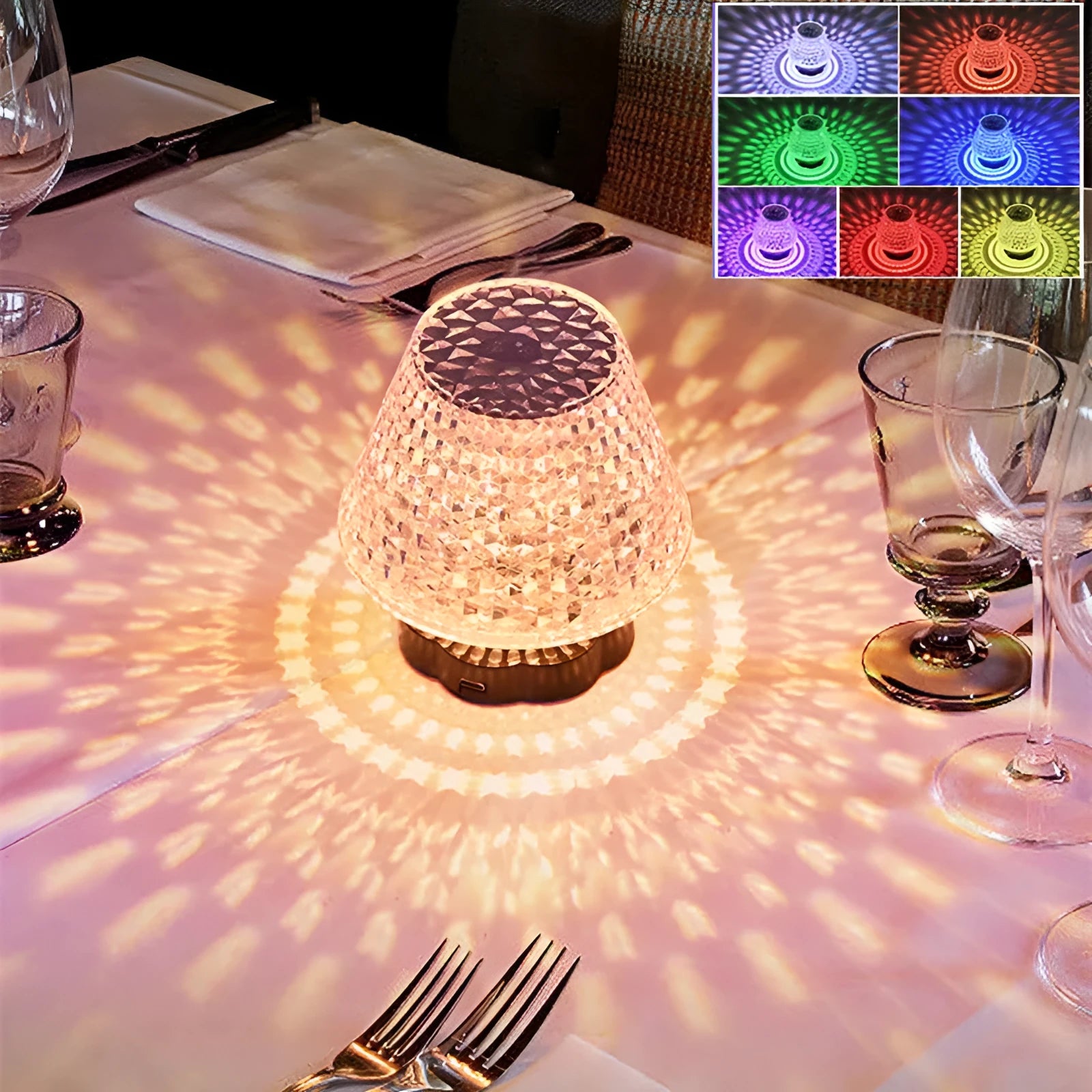 Crystal table lamp with touch sensor base showing three colour temperature options on tabletop