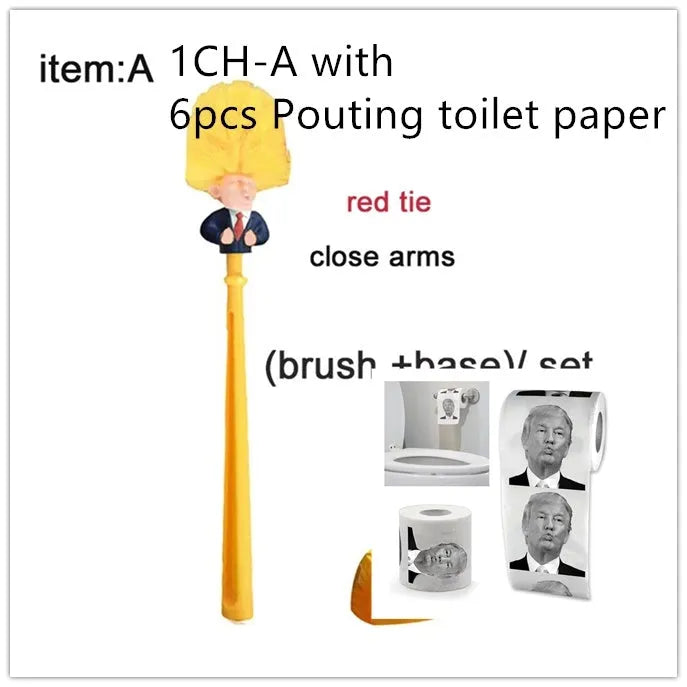 Yellow plastic Donald Trump novelty toilet brush with hanging handle, 40cm long