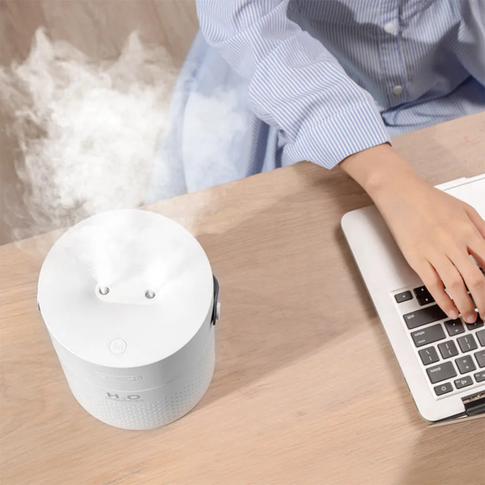 Slim-line USB rechargeable bedroom humidifier with 1.1L tank in green, grey, pink, or white colour options.