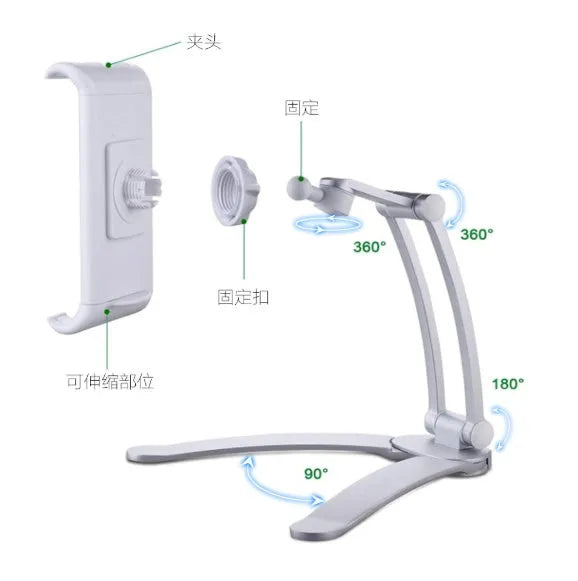 Silver aluminium alloy desktop tablet stand holding a tablet, showing 360-degree adjustable arm and mounting base.