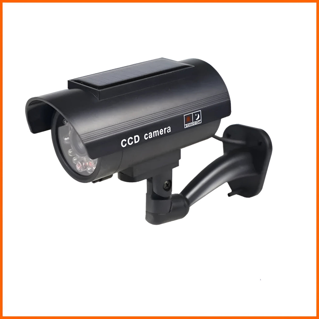 Black gun-style solar simulation security camera for indoor and outdoor deterrent use