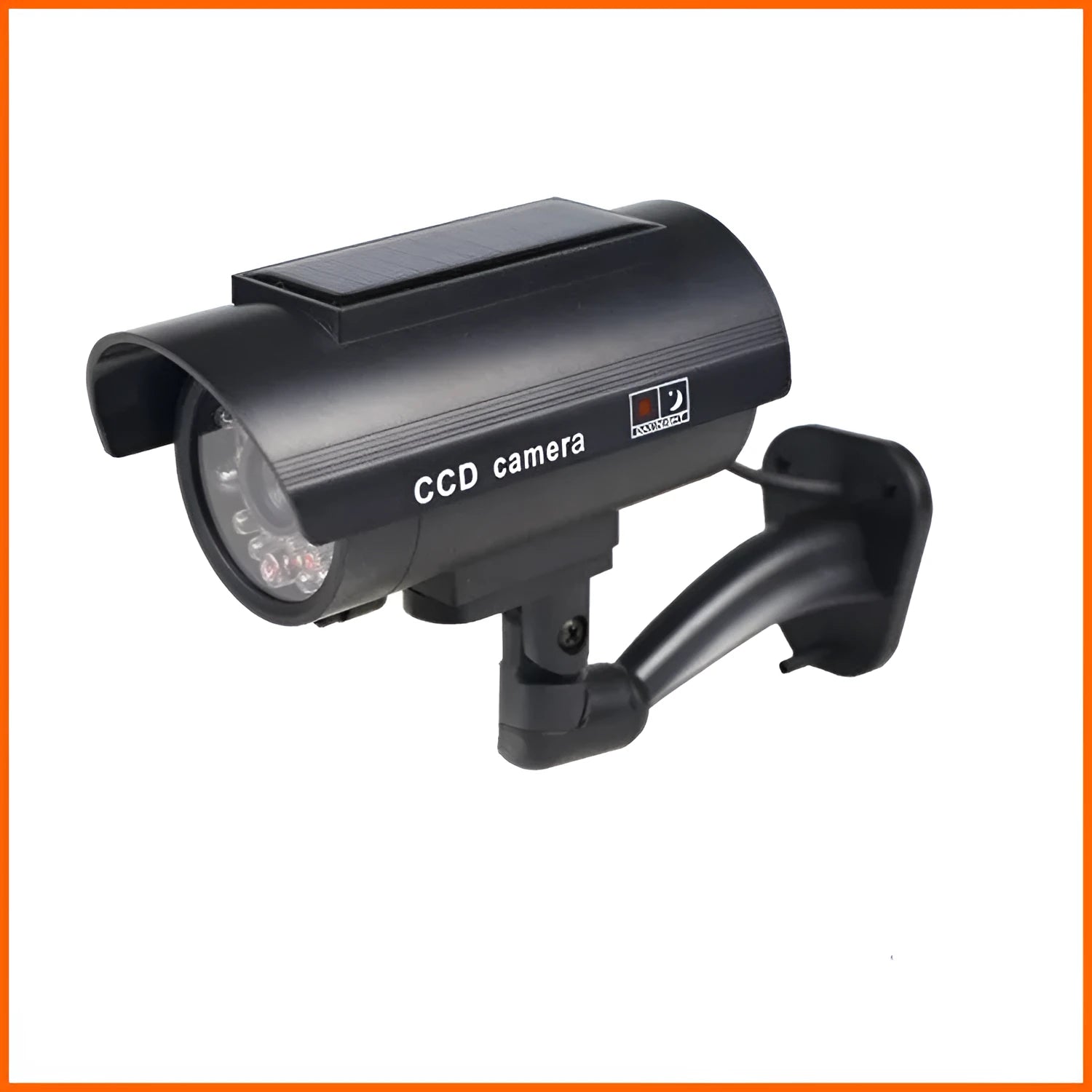 Black gun-style solar simulation security camera for indoor and outdoor deterrent use