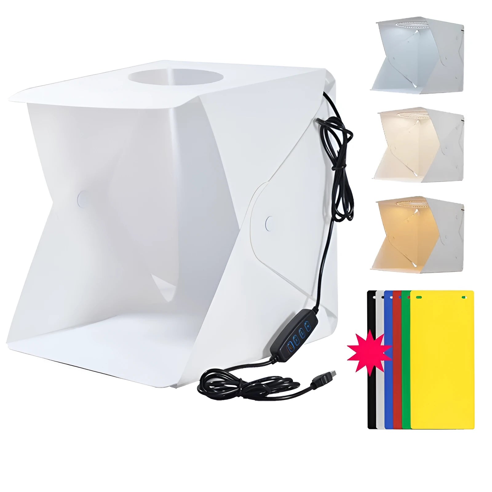 40cm folding studio LED fill light softbox with adjustable colour temperature and six coloured background cloths