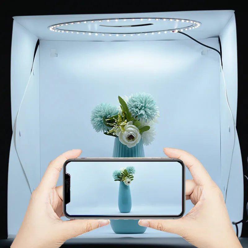 40cm folding studio LED fill light softbox with adjustable colour temperature and six coloured background cloths