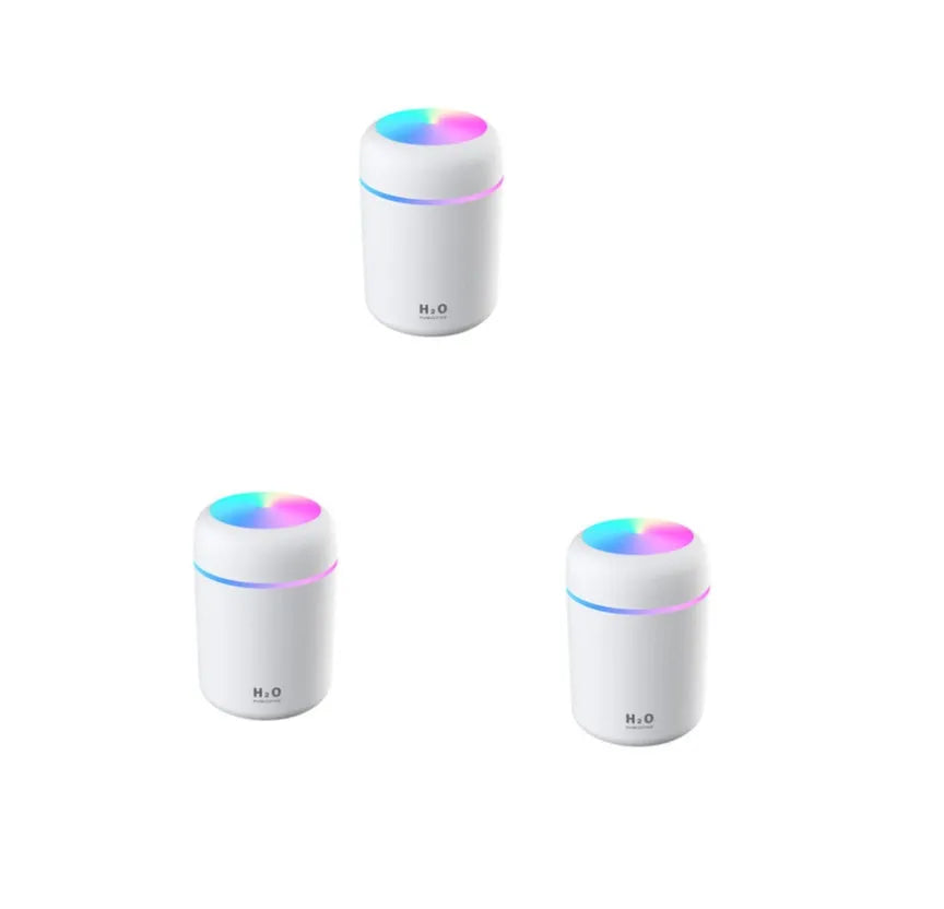 Pink car USB humidifier with LED lights showing water tank and control button