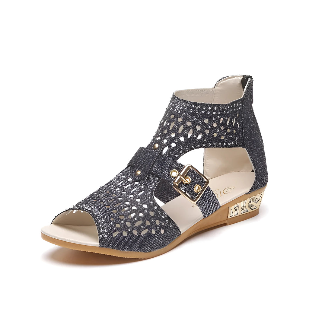 Women's beige rivet flat sandals with back zipper and low wedge heel