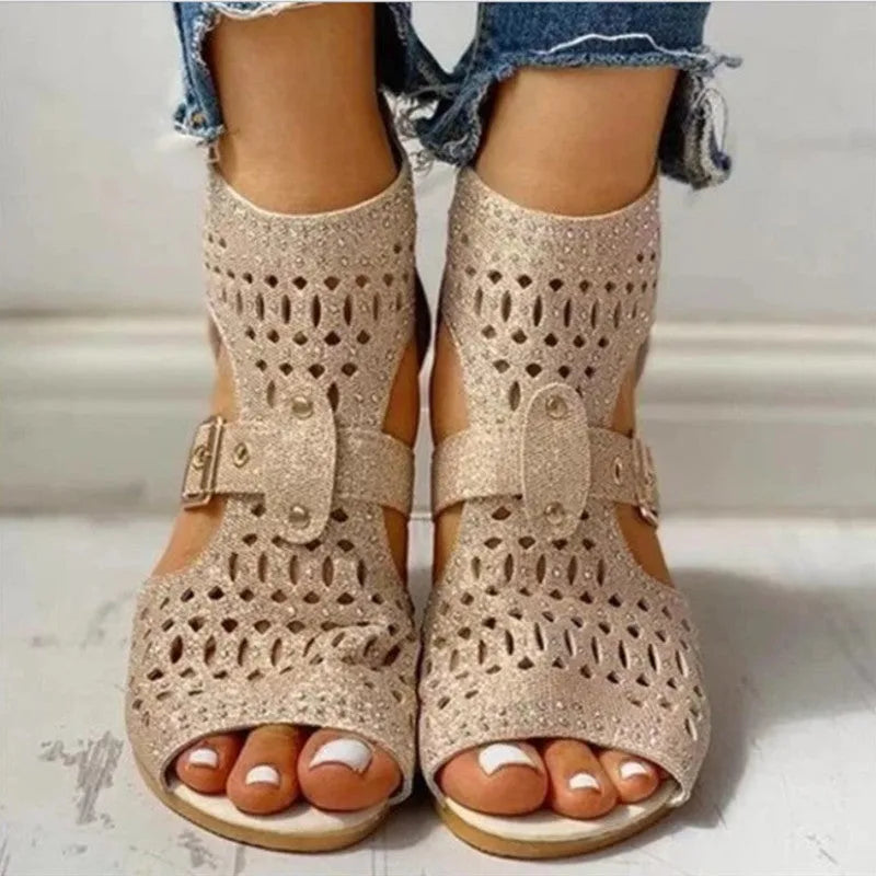 Women's beige rivet flat sandals with back zipper and low wedge heel