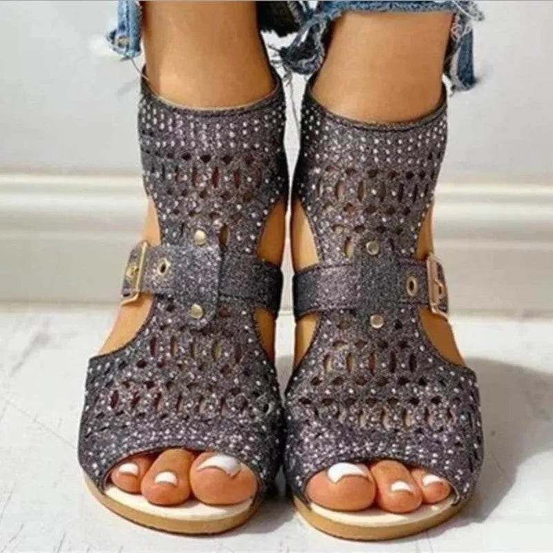 Women's beige rivet flat sandals with back zipper and low wedge heel
