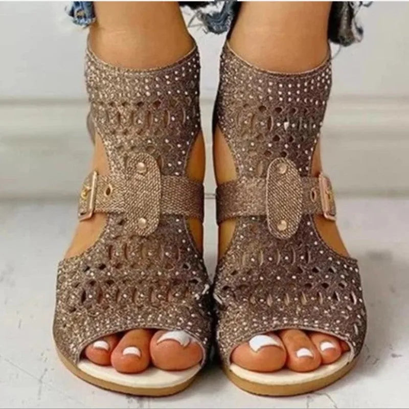 Women's beige rivet flat sandals with back zipper and low wedge heel