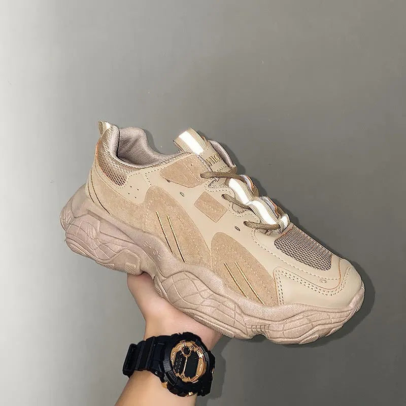 Fashion vulcanized chunky sneakers men women, black, PU mesh upper, rubber sole, lace-up casual shoes