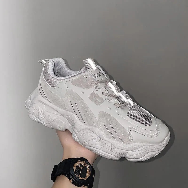 Fashion vulcanized chunky sneakers men women, black, PU mesh upper, rubber sole, lace-up casual shoes