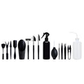 Black plastic and metal mini garden tool set for succulents with 15 pieces including scissors, tweezers, shovels, and a square cushion.