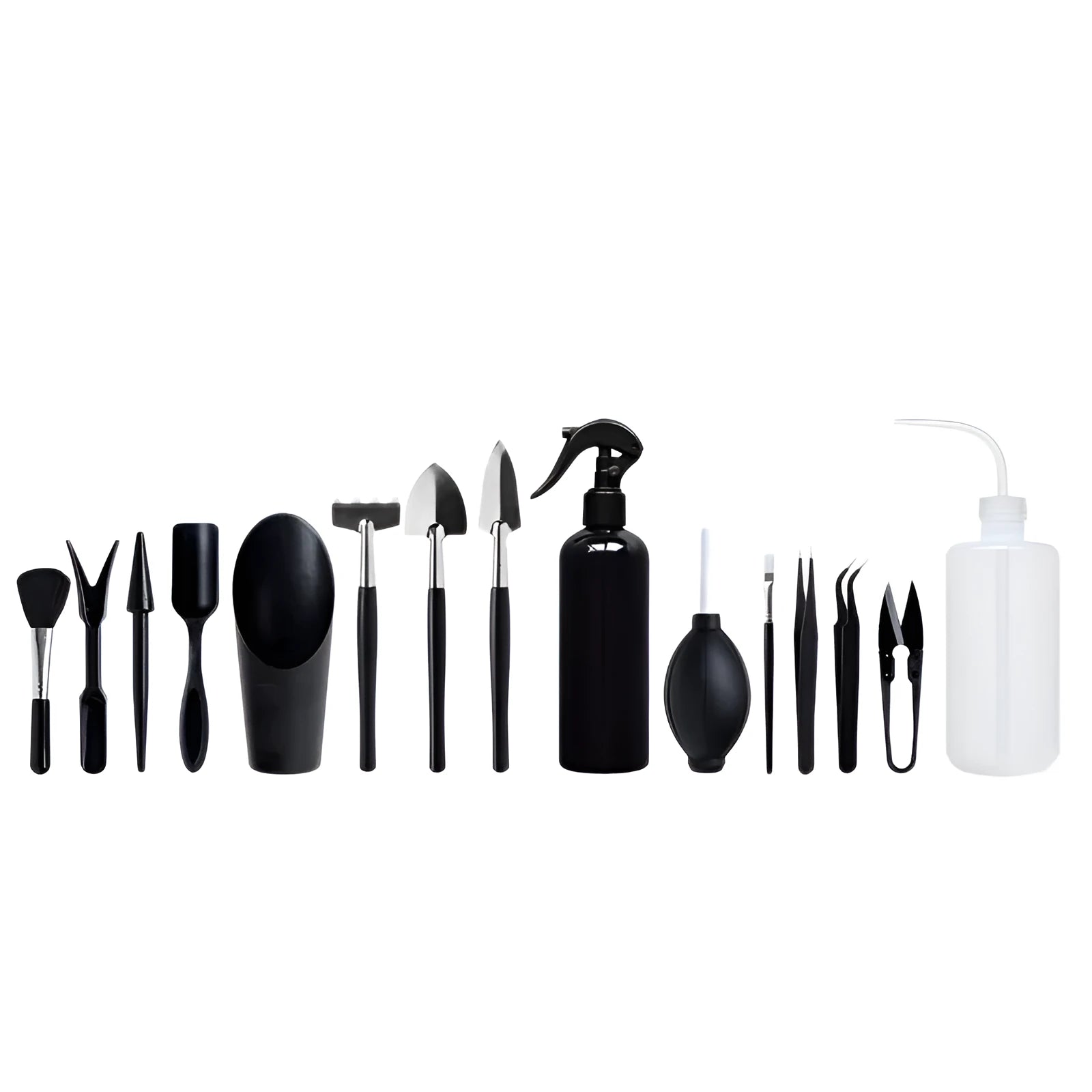 Black plastic and metal mini garden tool set for succulents with 15 pieces including scissors, tweezers, shovels, and a square cushion.