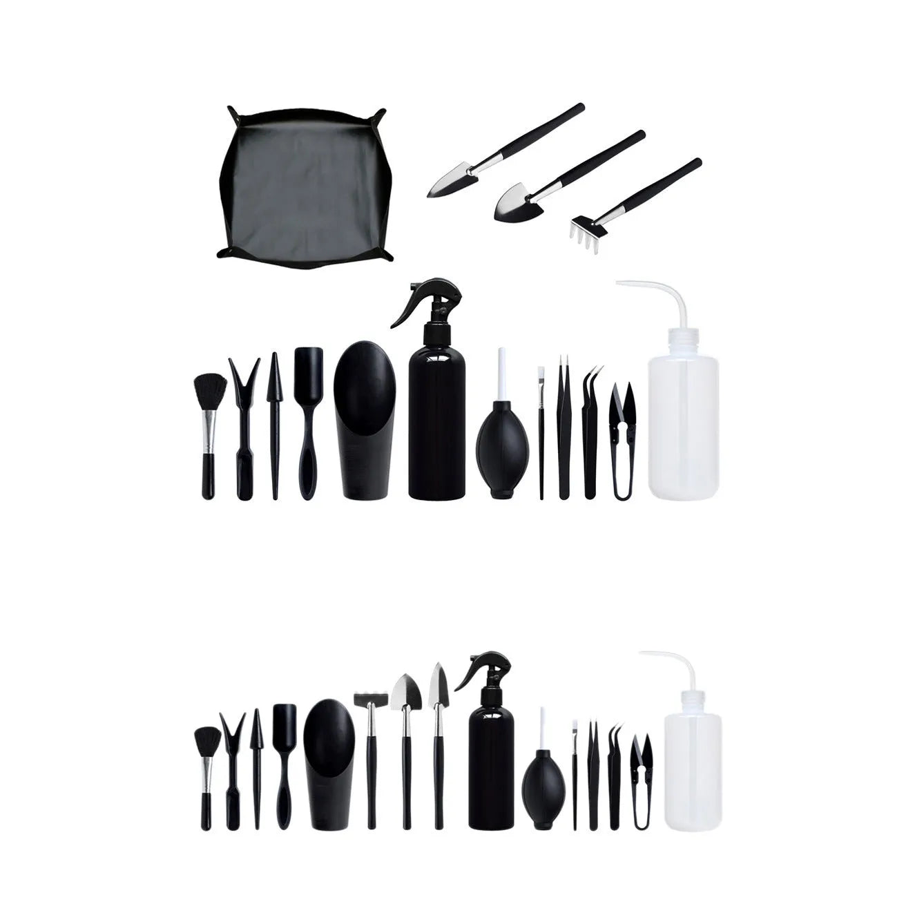 Black plastic and metal mini garden tool set for succulents with 15 pieces including scissors, tweezers, shovels, and a square cushion.