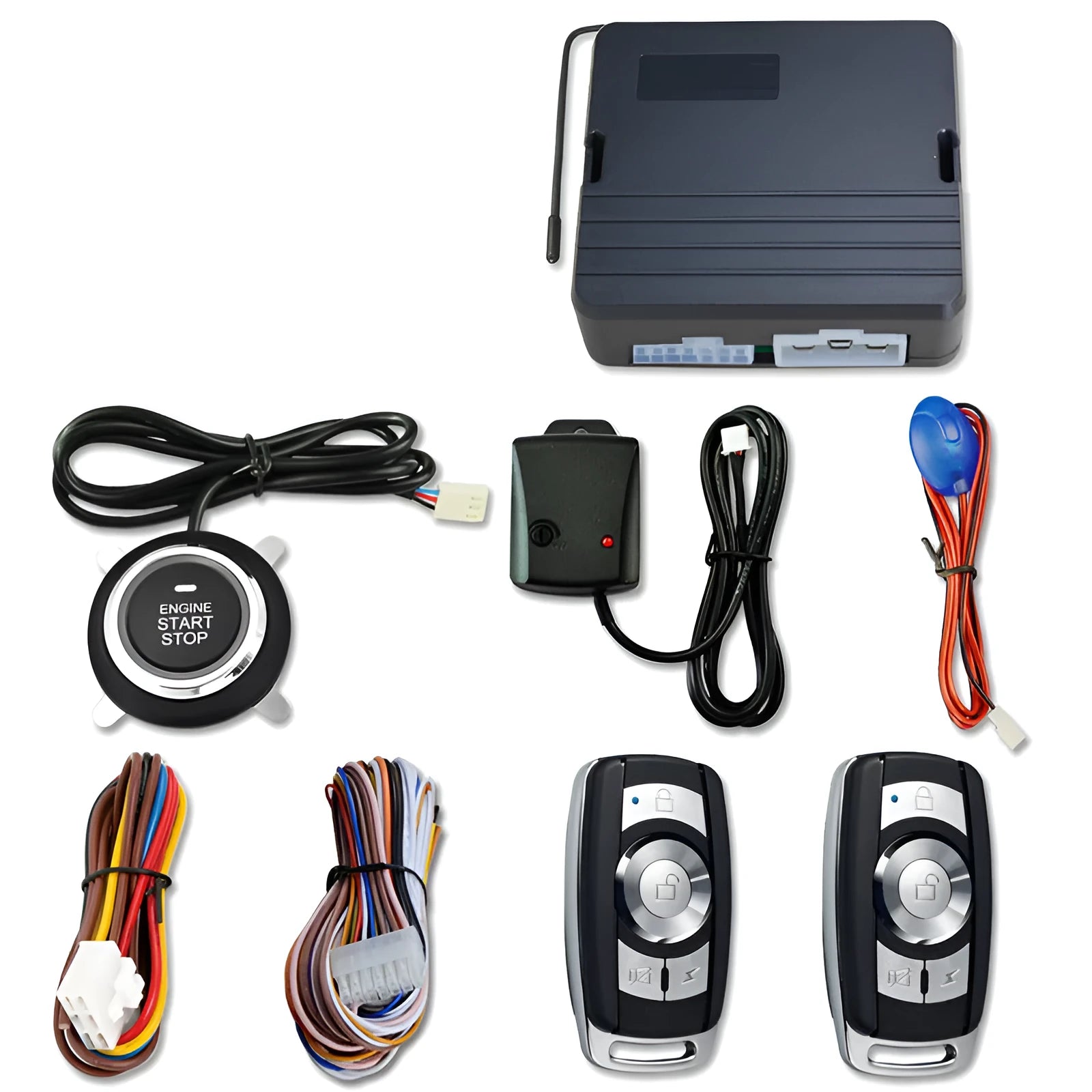 12V universal car one-key start system in black, with remote start and anti-theft alarm functions