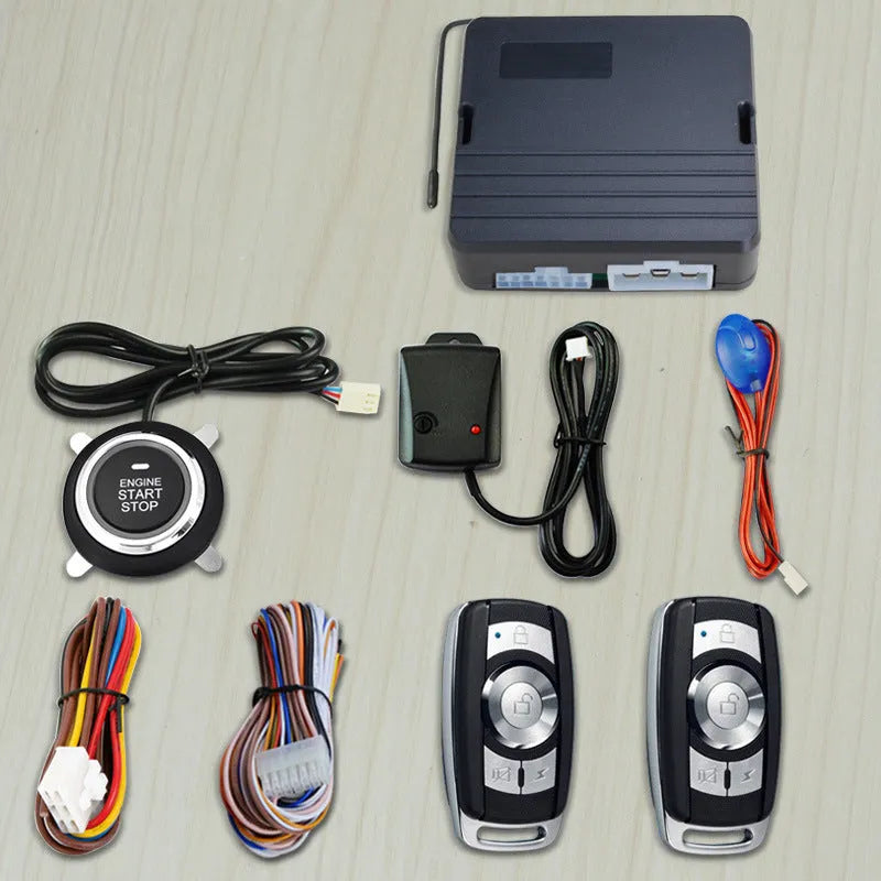 12V universal car one-key start system in black, with remote start and anti-theft alarm functions