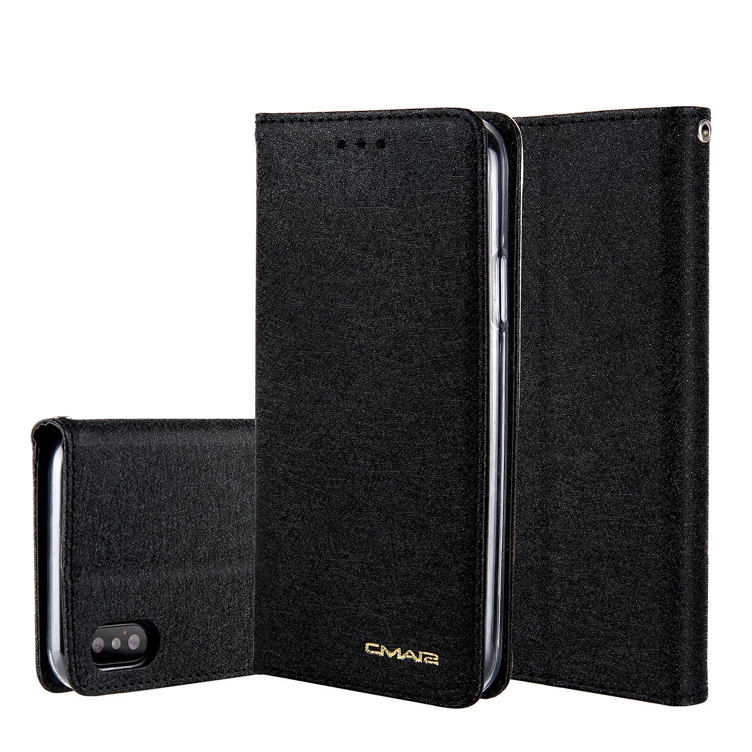 PU leather flip phone case with card slots for iPhone, shown in various colours.