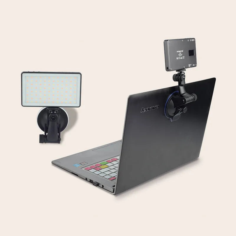 Black aluminium USB rechargeable LED video light for laptop with LCD screen and 1/4 inch mount.