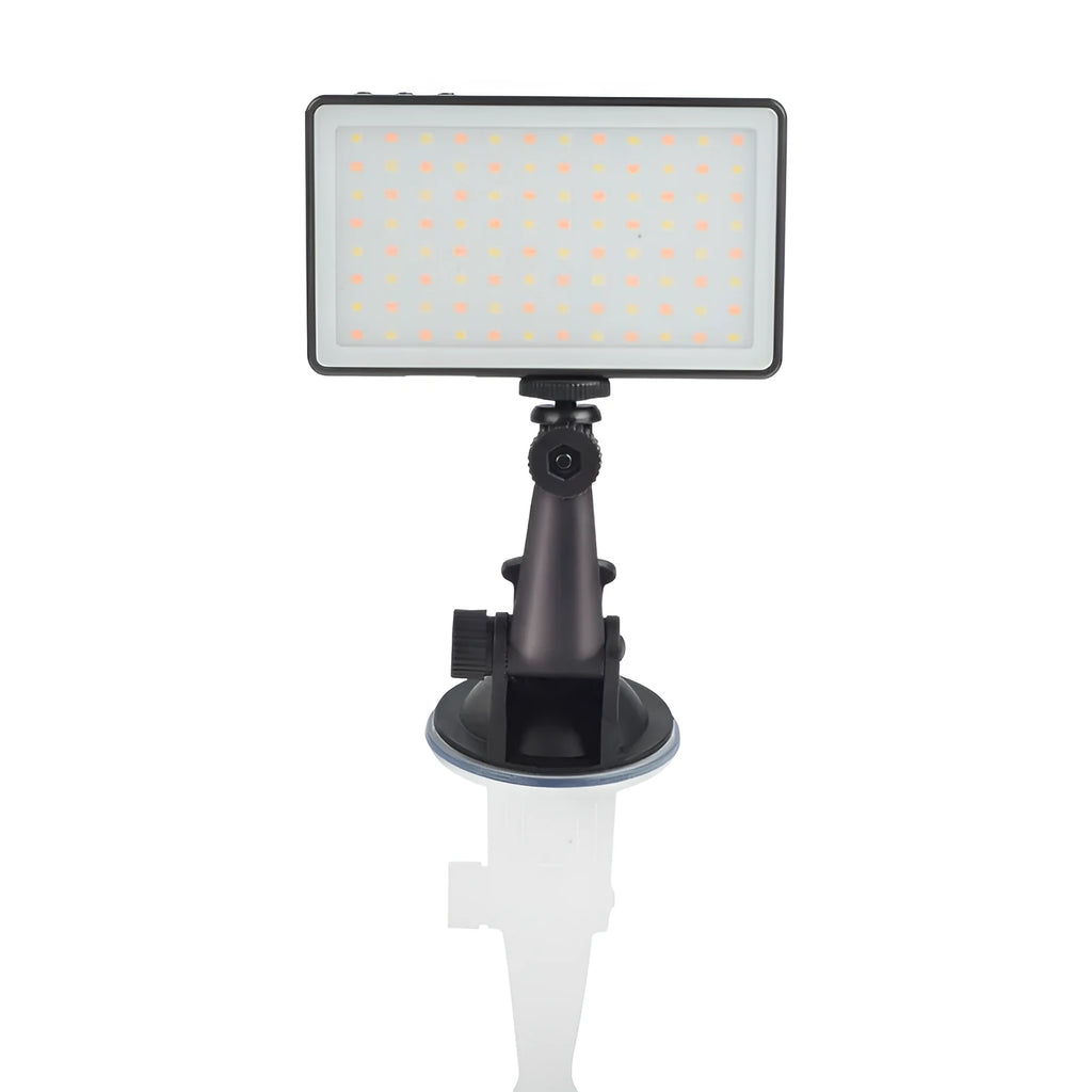 Black aluminium USB rechargeable LED video light for laptop with LCD screen and 1/4 inch mount.