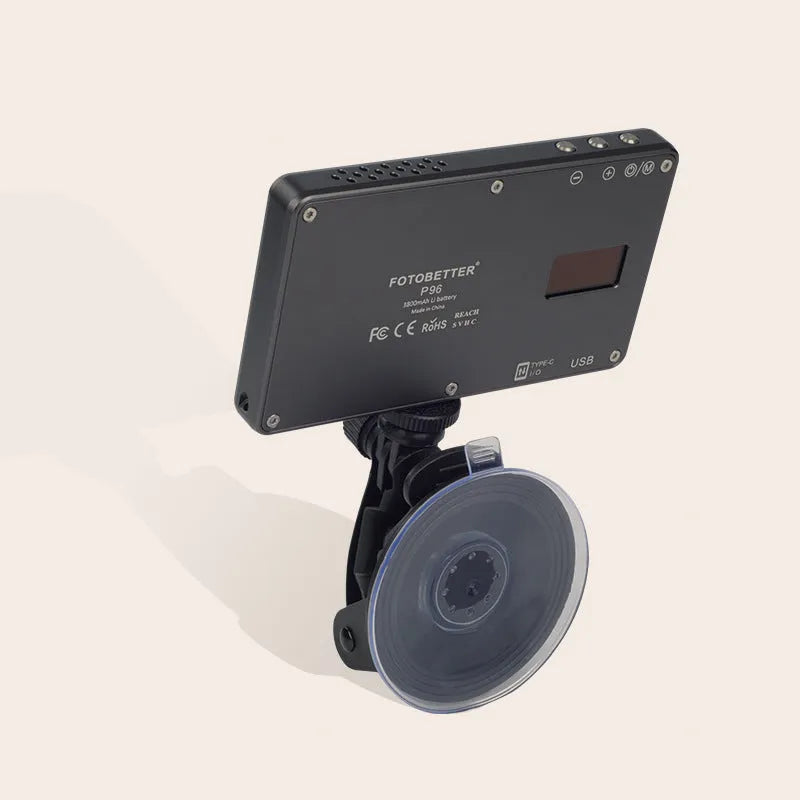Black aluminium USB rechargeable LED video light for laptop with LCD screen and 1/4 inch mount.