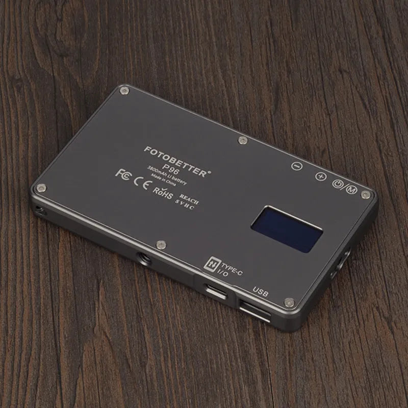 Black aluminium USB rechargeable LED video light for laptop with LCD screen and 1/4 inch mount.