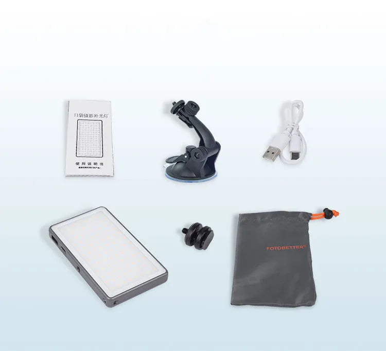Black aluminium USB rechargeable LED video light for laptop with LCD screen and 1/4 inch mount.