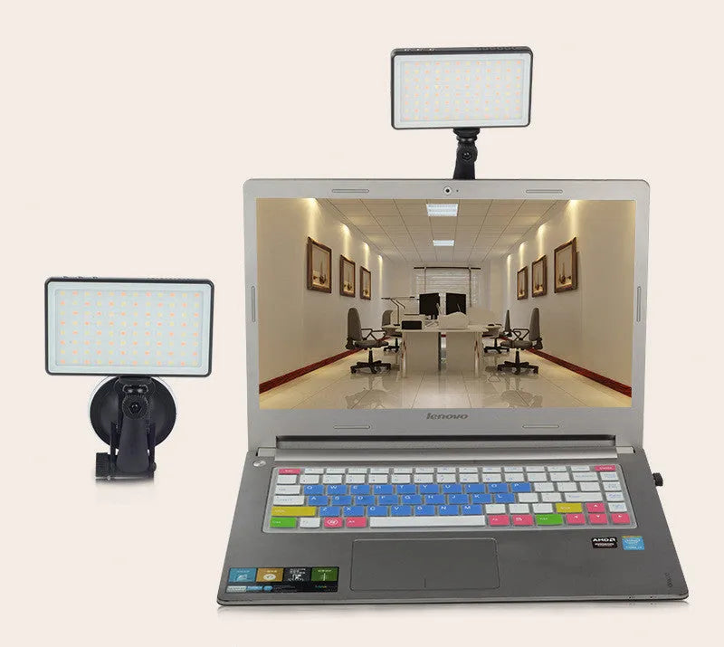 Black aluminium USB rechargeable LED video light for laptop with LCD screen and 1/4 inch mount.