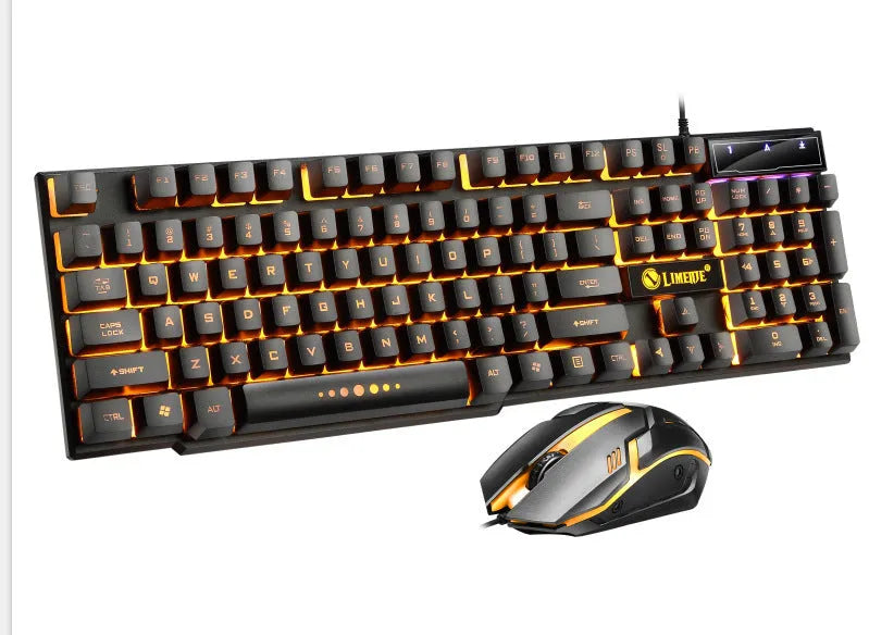 Limei GTX300 white and black gaming keyboard and mouse set with RGB backlight on a desk.