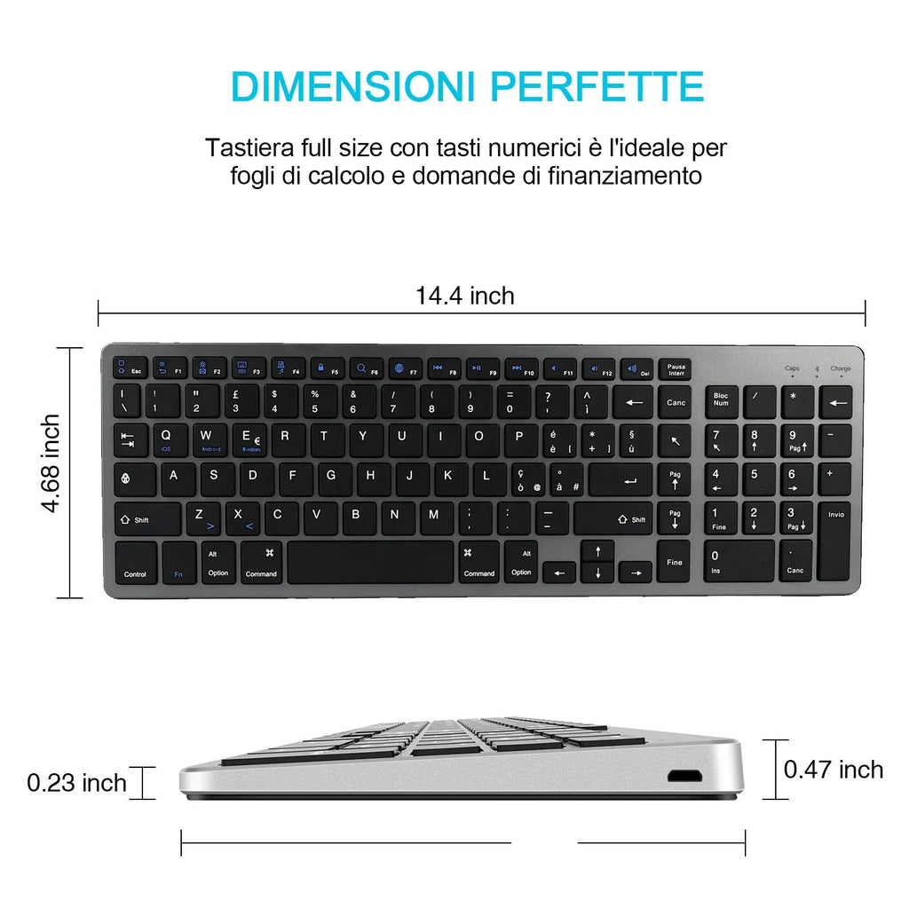 White ultra-thin rechargeable Bluetooth keyboard next to a tablet.