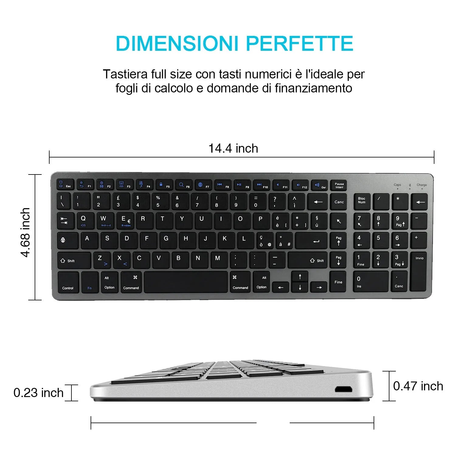 White ultra-thin rechargeable Bluetooth keyboard next to a tablet.