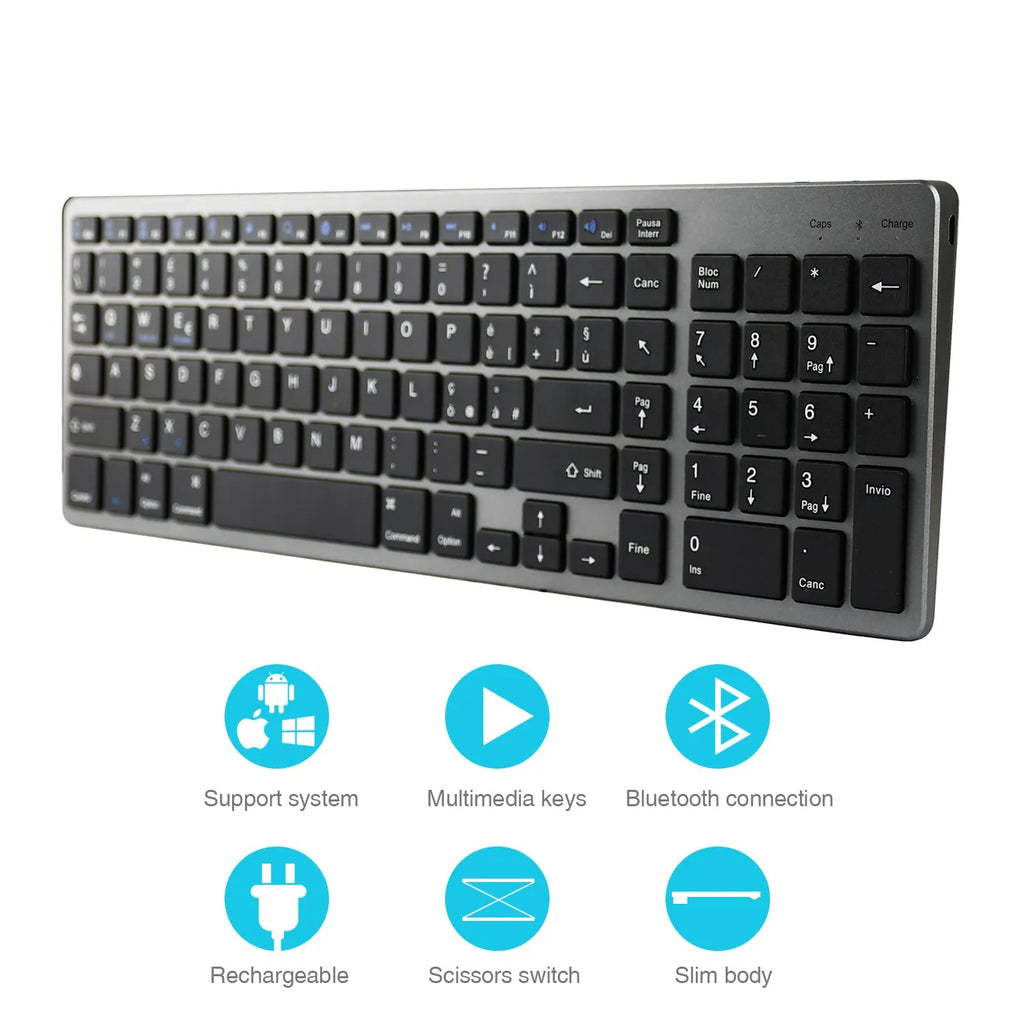 White ultra-thin rechargeable Bluetooth keyboard next to a tablet.